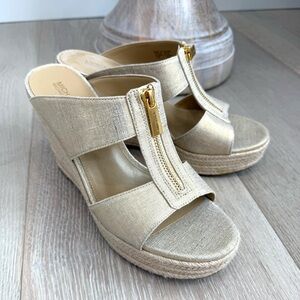 MICHAEL Michael Kors Metallic Gold Espadrille Wedge Sandals with Front Zip